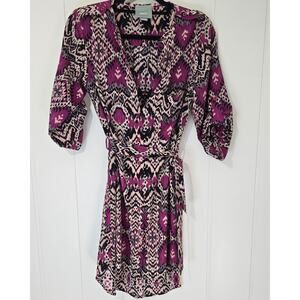 Maeve Ikat Purple Shirt Dress Workwear Belt Roll Tab Sleeve Size XS